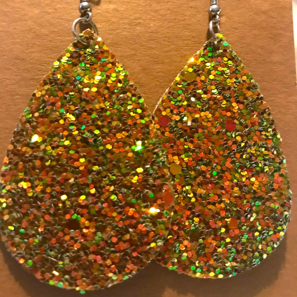 Leather Tear Drop Earrings—gold/rose gold glitter
